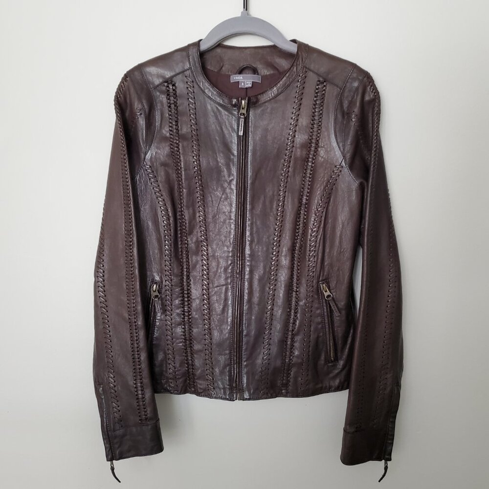 Vince Chocolate Brown Leather Braided Whipstitch Jacket - NWOT - Size S